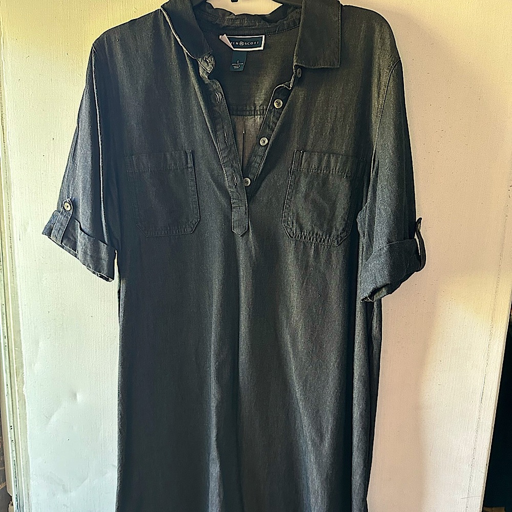 Karen Scott denim dress with front pocket only.
